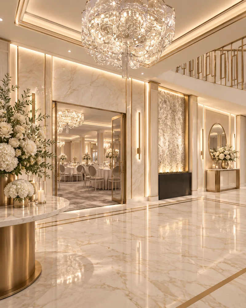 Lobby with polished marble floor, faceted crystal chandelier, open glass doors to the ballroom and a lit crystal wall
