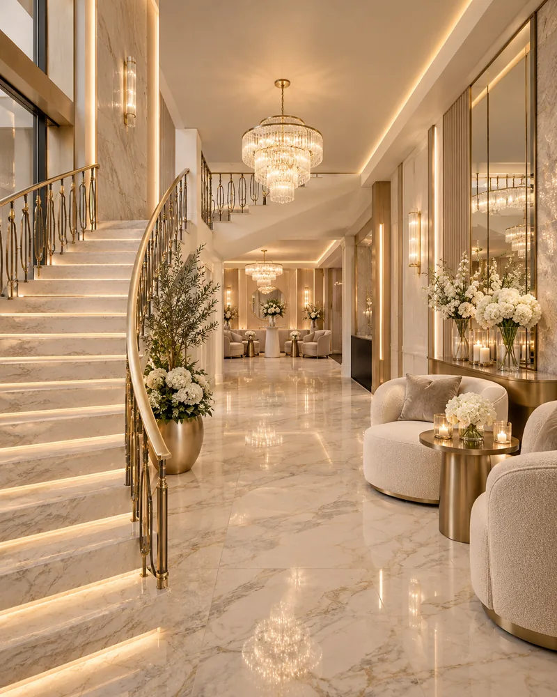Staircase foyer with curved marble stairs, LED-lit treads, brass balustrade, crystal chandelier and ivory bouclé armchairs