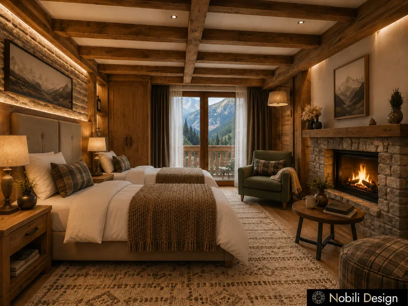 Chalet hotel room with timber beam ceiling, stone fireplace, plaid armchair and a balcony to the mountains