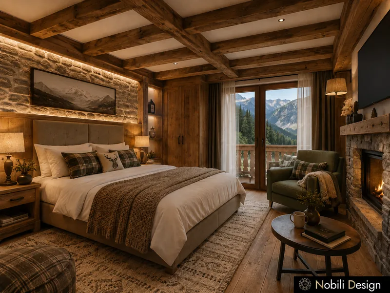 Rustic hotel room with stone wall, beamed ceiling, fireplace, plaid textiles and a balcony door to the peaks
