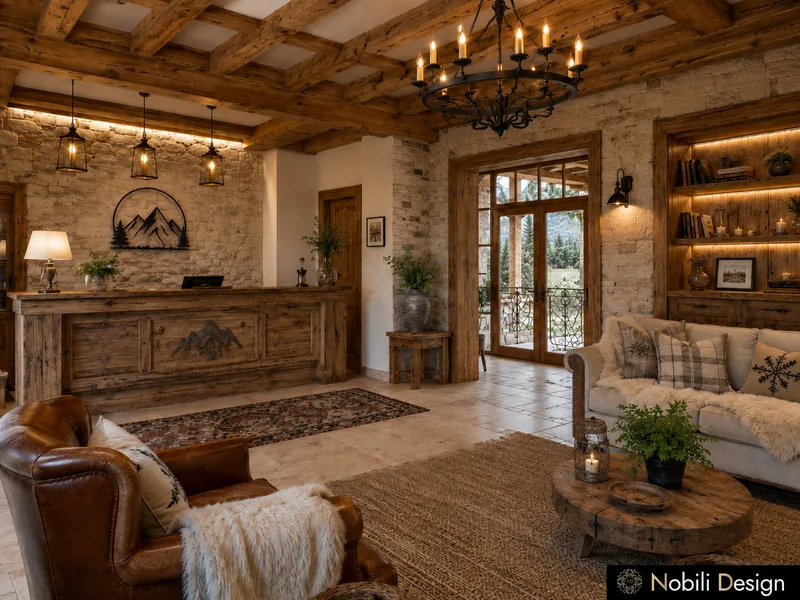 Chalet hotel reception with carved timber desk, stone walls, iron chandelier and leather armchairs on a rug