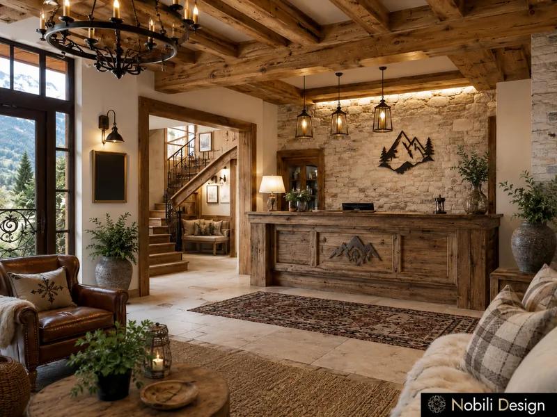 Chalet hotel lobby with timber beams, stone wall, wooden staircase, carved desk and leather armchair