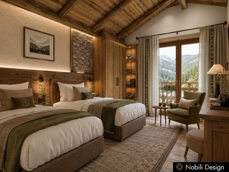 Chalet hotel twin room with timber walls, stone accent, green throws and a balcony with mountain views