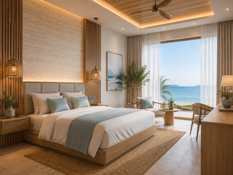 Seaside hotel double room with oak bed, sea-blue throw, rattan lamps, oak desk and a window over the sea