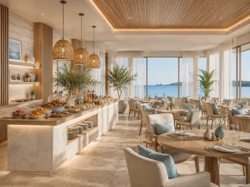 Hotel breakfast restaurant with travertine buffet counter, rattan pendants, oak tables and a sea view