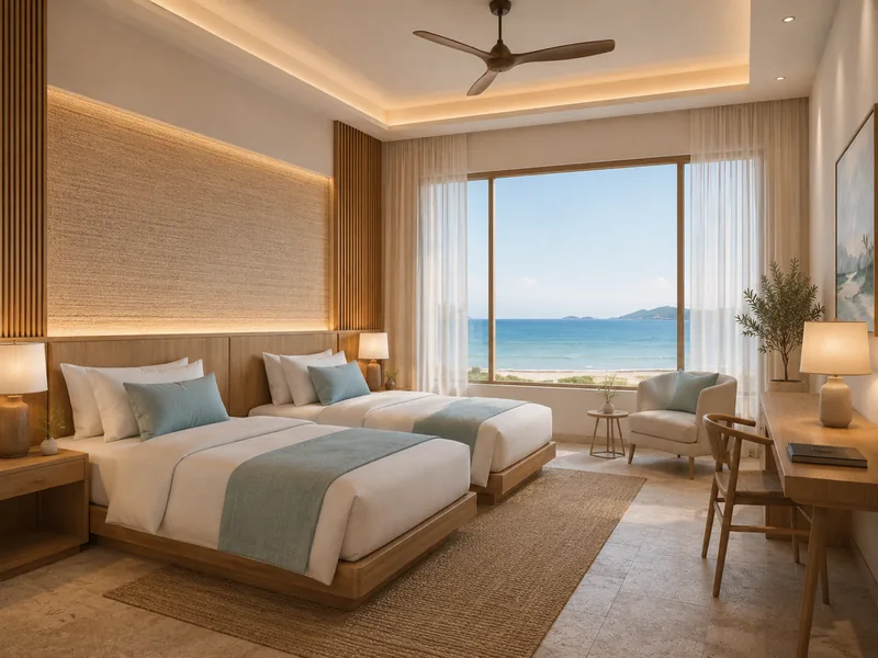 Seaside hotel twin room with two oak beds, sea-blue throws, a writing desk and full-height windows to the sea