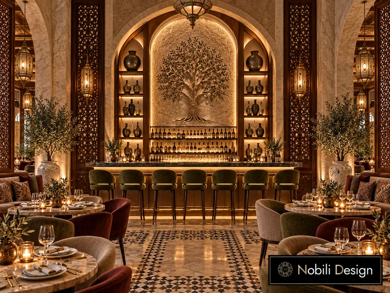 Lebanese restaurant bar with seven olive velvet stools, carved tree of life wall and lit shelves with jars