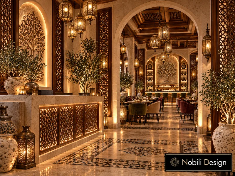 Lebanese restaurant entrance with limestone counter, lit carved walnut panels, ceramic jars and lanterns