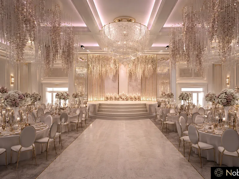 Event venue interior design of a wedding ballroom with crystal and blossom ceiling installations