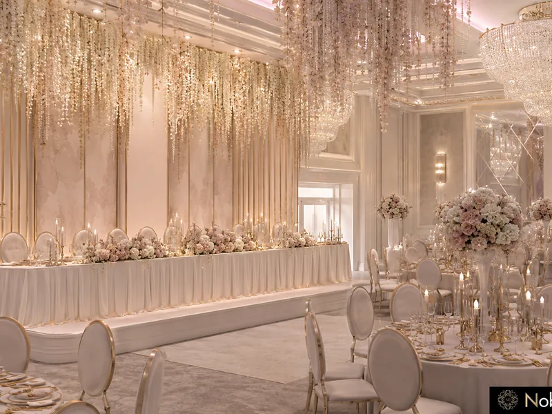 Modern wedding ballroom head table with rose garland and candles before gold screens under crystal strands