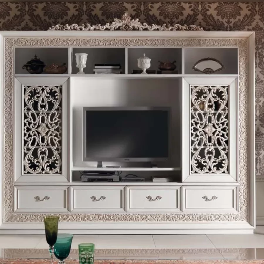 Gran Guardia Carved Wall Unit with Pierced Doors, TV Opening by Francesco Pasi, Living Room Furniture