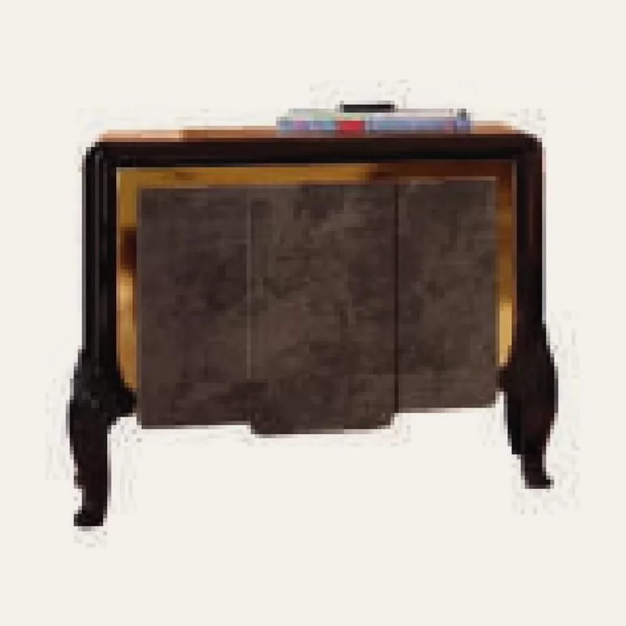 Table de chevet Ocean, façade en Nabuk-Suede, pieds sculptés à la main de Francesco Pasi — vue d’ensemble