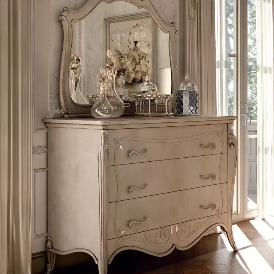Opera Shaped Chest of Drawers, 3 Drawers, Carved "B" Decoration by Francesco Pasi, Italian Bedroom Furniture