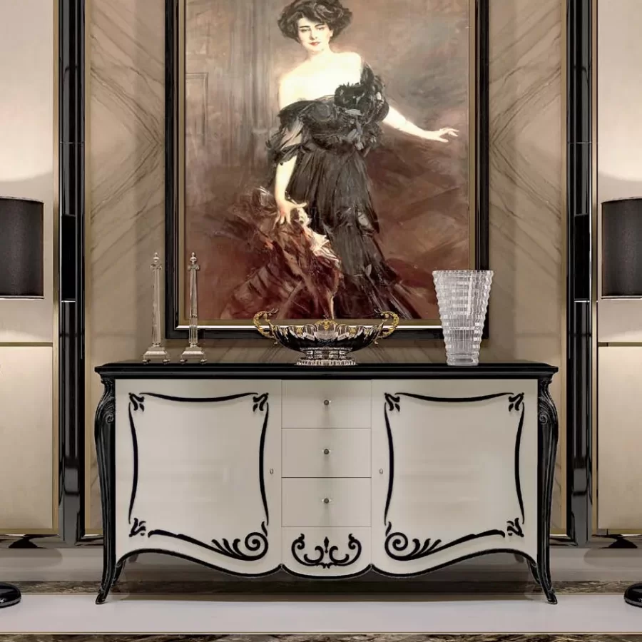 Opera Shaped Sideboard, Carved "B" Decoration, 2 Doors 3 Drawers by Francesco Pasi, Living Room Furniture