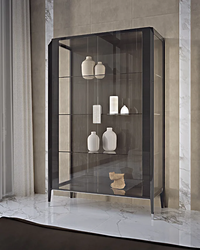 Icon Glass Cabinet, 2 Doors, with LED Lights, Living Room Furniture, in Canaletto walnut, contemporary style, by Francesco Pasi