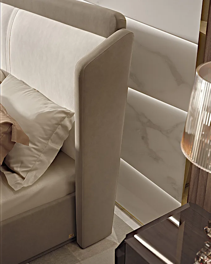 Icon Upholstered Bed, Bedroom Furniture, in Canaletto walnut, contemporary style, by Francesco Pasi
