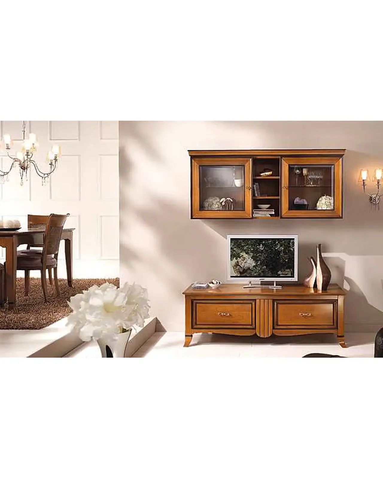 New Deco TV Stand with Shelf – hand-carved wood panel detail, Francesco Pasi New Decò