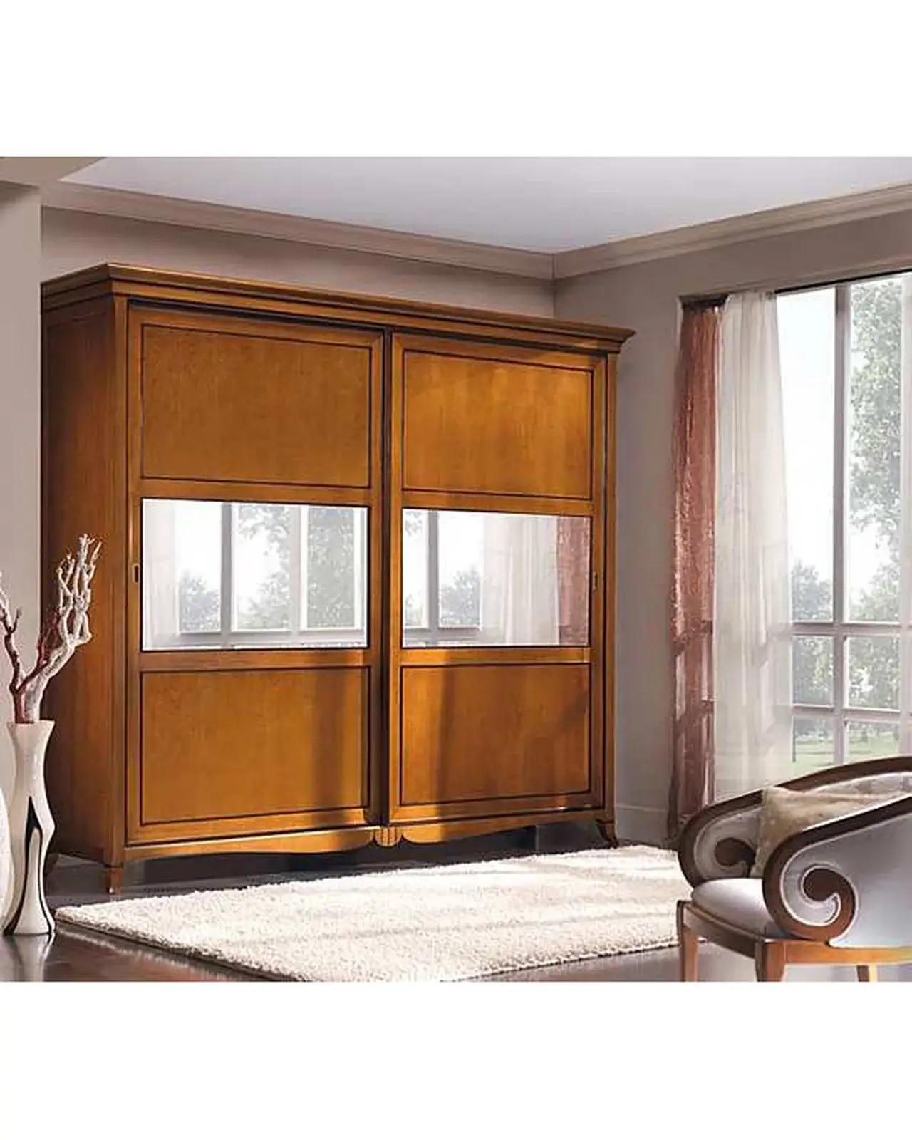 New Deco Wardrobe with Bronze Mirror – hand-carved wood panel detail, Francesco Pasi New Decò