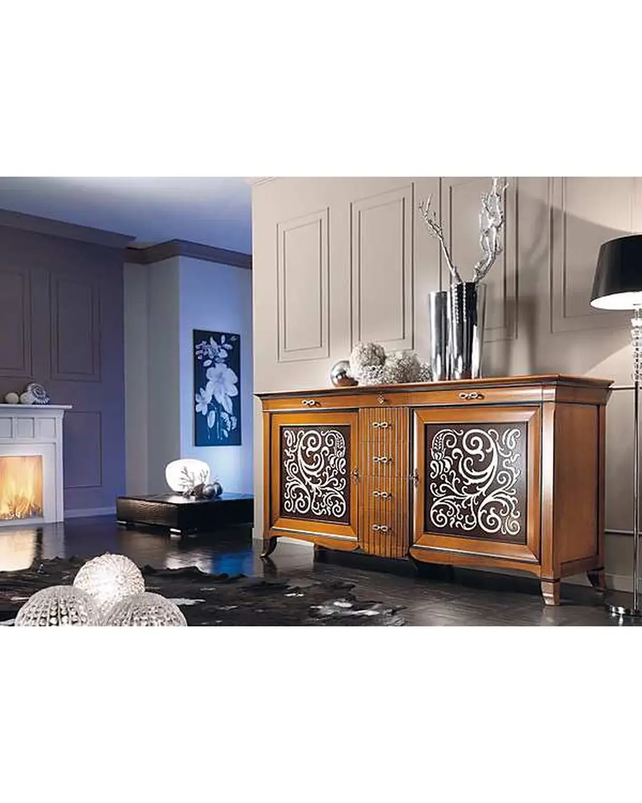 New Deco Sideboard with Silver Leaf Panels – hand-carved wood panel detail, Francesco Pasi New Decò
