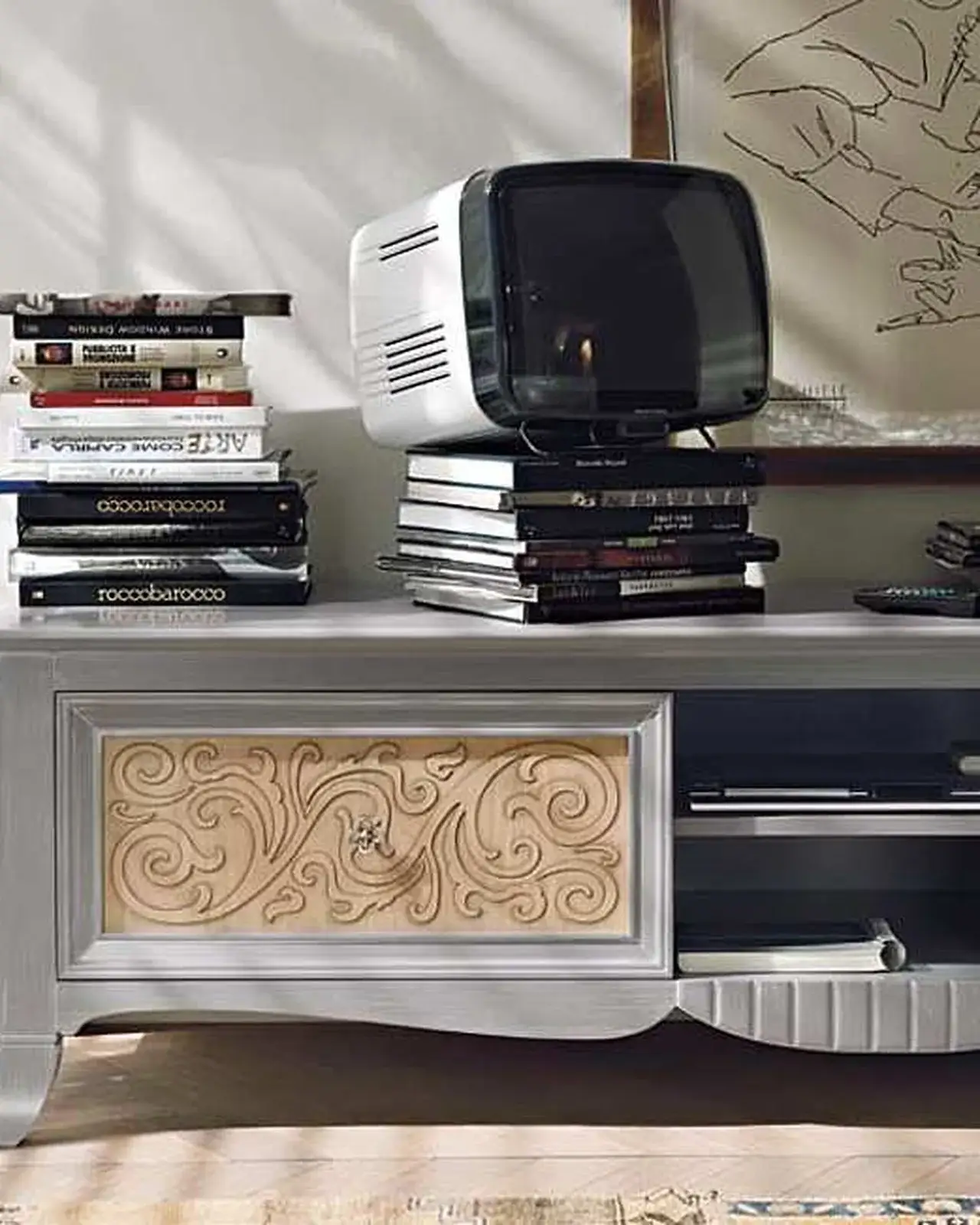 New Deco TV Base with Central Door – hand-carved wood panel detail, Francesco Pasi New Decò