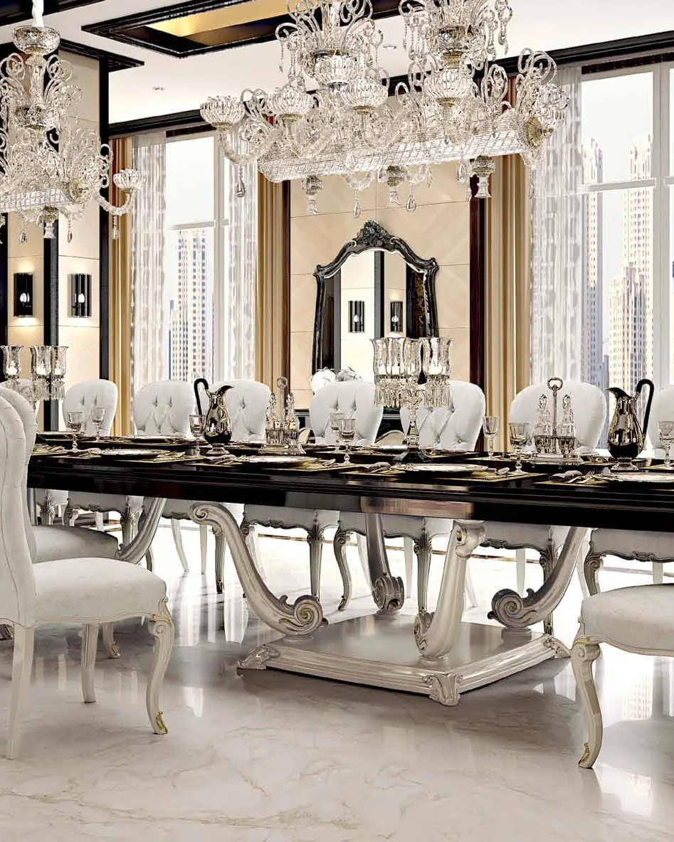 Opera Carved Extendable Rectangular Table with Two 50 cm Leaves, closed 500 cm, Dining Room Furniture, in Cherry veneer on blockboard, Veneto classical Italian style, by Francesco Pasi
