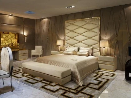 High End Modern Taupe Soft Velvet Bed-€9.149. Gold Plated finished edge to the headboard frame and upholstered in a soft velvelt of high quality of choice or as shown.