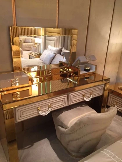 Luxury Gold Mirrored Dressing Table With Drawers - Collier 03