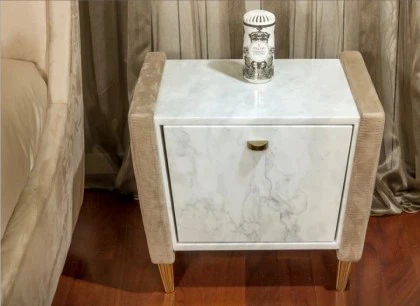 Modern Upholstered Suede Fabric with Carrara Marble Bedside Table Tuscany 02