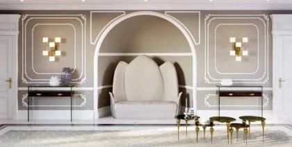 Artistic Lotus designer high bench upholstered in luxury velvet with a unique flower-inspired silhouette.