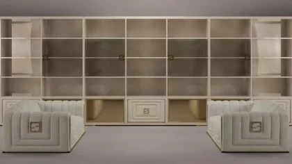 Modern Collier shelving wall unit in ivory, designed for luxury organization in contemporary living rooms.