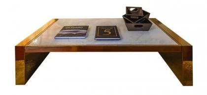 Italian designer Collier coffee table combining quilted suede fabric sides with a premium marble top.