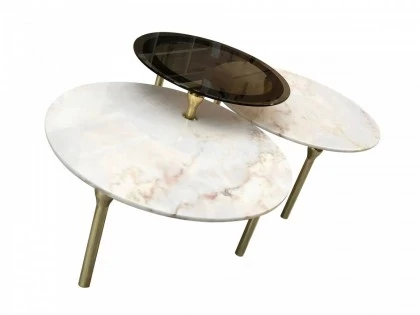 Luxury Lotus coffee table set featuring Estremoz marble and bronze glass tops with gold frames.