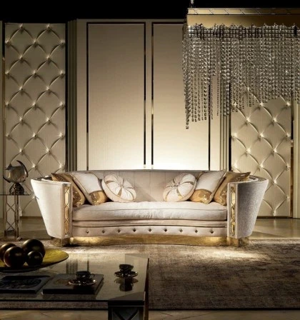 ART. LM073 THREE SEATERS SOFA  WITH-LILIUM COLLECTION-WITH METAL FINISH GOLD-PLATED 24K