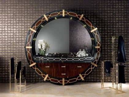 ART. LM638  ROUND BATH CABINET-WITH BRIARWOOD AND MIRROR WITH MARBLE TOP AND WASH-BASIN-LIGHTS-GOLD-PLATED TAPS-LILIUM COLLECTION