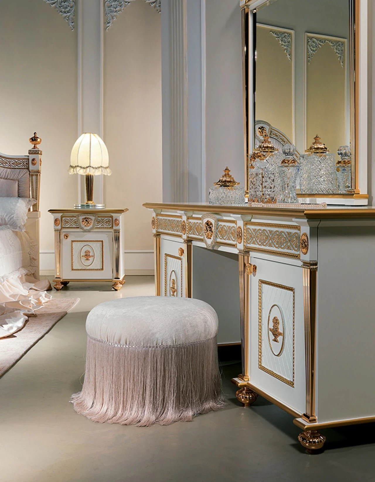 Bedside table and dressing table with gold details and columns, furniture stores in Milan, Italy