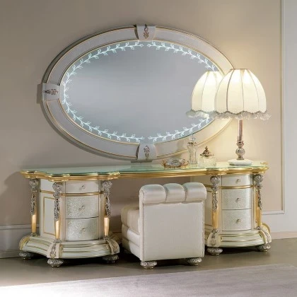 ART. AQ003 DRESSING TABLE WITH MOTHER OF PEARL INLAY-ART. AQ004  MIRROR WITH METAL DECORATION AND LED  INCORPORATED-ART. AQ005  POUF WITH CAPITONNÉ