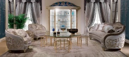 ART. AQ073 -THREE SEATERS SOFA-ART. AQ071  ARMCHAIR-ART. AQ018  TWO DOORS SHOWCASE WITH DOME, METAL COLUMNS AND DETAILS