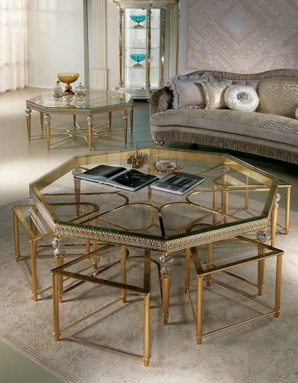 ART. AQ074- CENTRAL OCTAGONAL TABLE IN WOOD WITH GLASS TOP AND METAL DECORATION