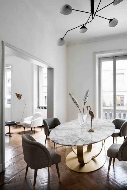 ANDREW dining table, PAULINE dining chair, BERNADETTE small armchair