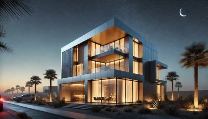 Night Exterior View of a Modern Sustainable Home with Eco-Friendly Aluminum Facade