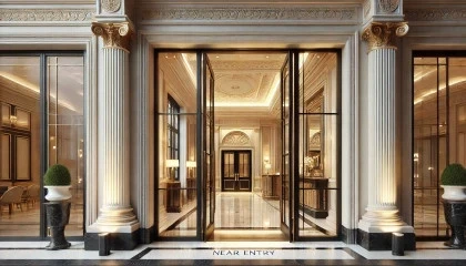 Architect reviewing blueprints for a luxury hotel lobby renovation