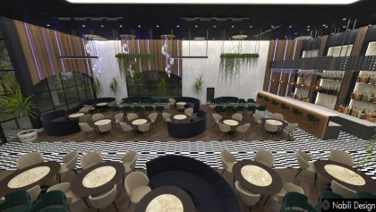 Modern restaurant interior design rendering with sustainable materials