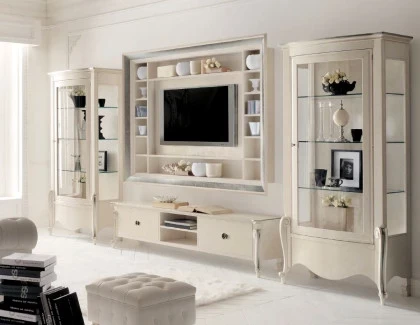 Elegant media unit with refined finishes connecting the media area to the wider seating arrangement.