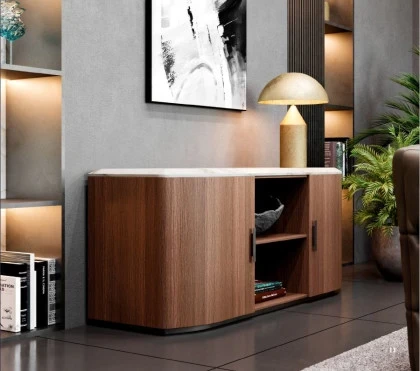 Premium dark wood TV unit providing visual balance and order in a luxury living room.