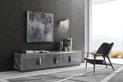 Contemporary TV unit featuring clean lines and storage solutions for a balanced living room composition.