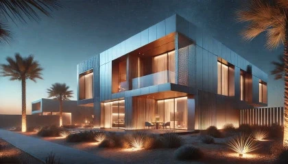 Coordinated facade materials and warm outdoor lighting on a modern villa