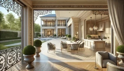 Coordinated facade materials and warm outdoor lighting on a premium villa