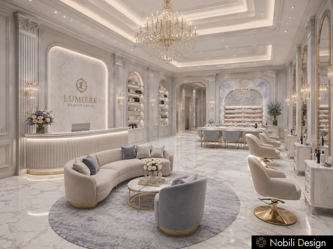 Luxury beauty salon reception interior design with custom furniture