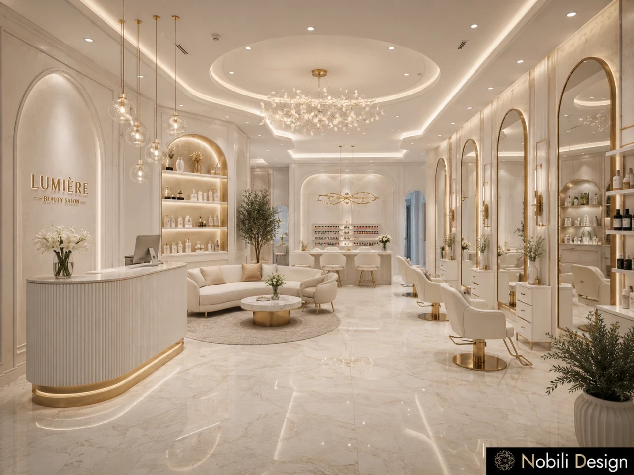 Hair salon interior design with styling stations mirrors and lighting
