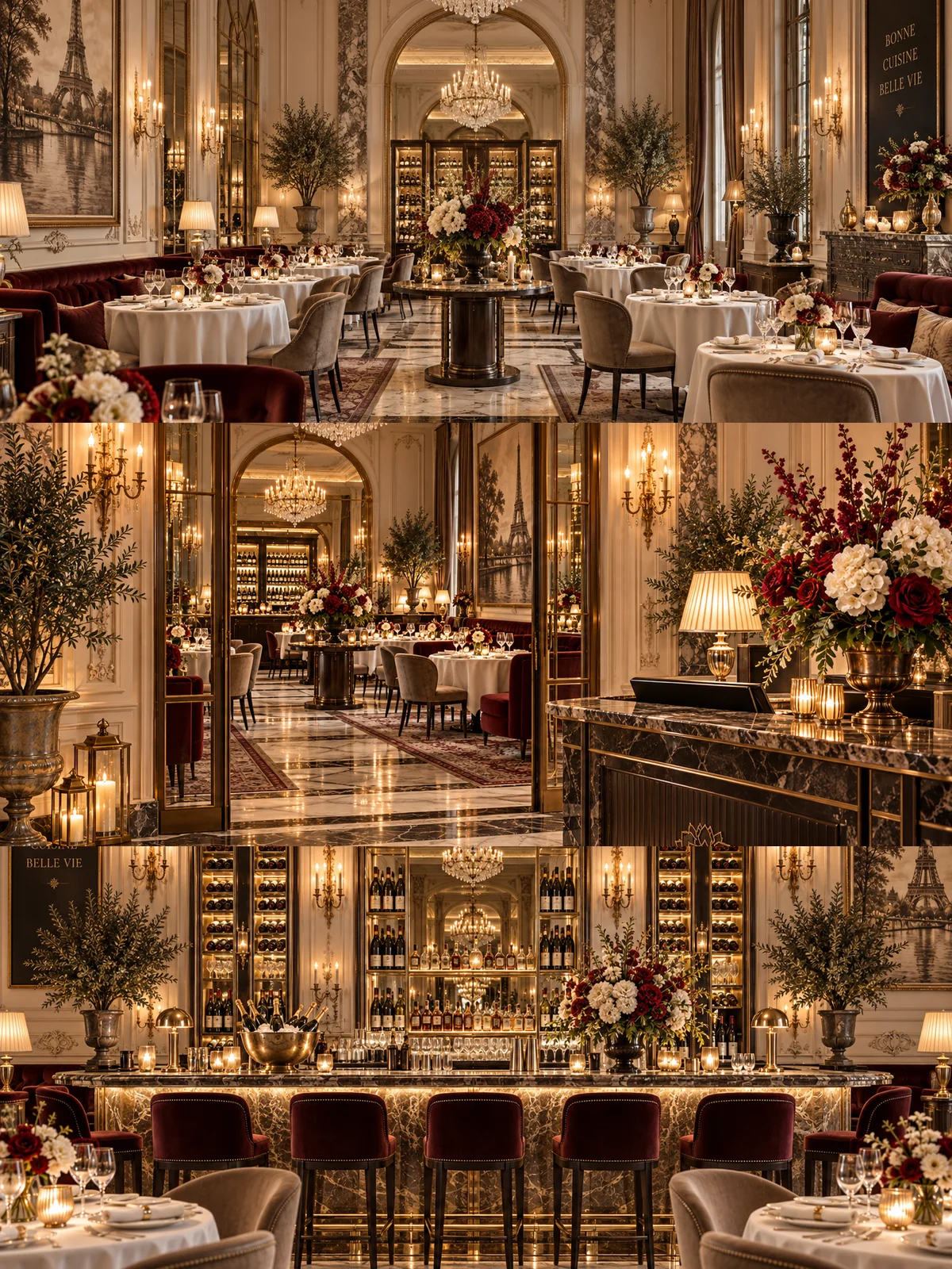 Three views of classic restaurant interior design with chandeliers, marble flooring, elegant dining seating and bar details